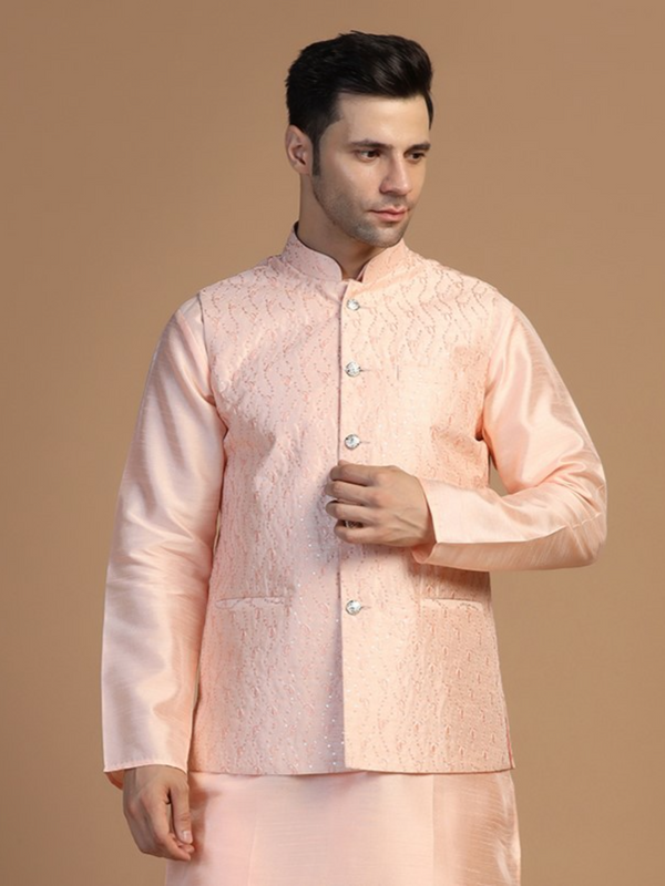 Men Peach Embroidered Jacket