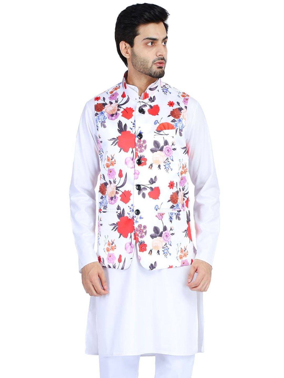 Men White Floral Nehru Jacket Tahvo