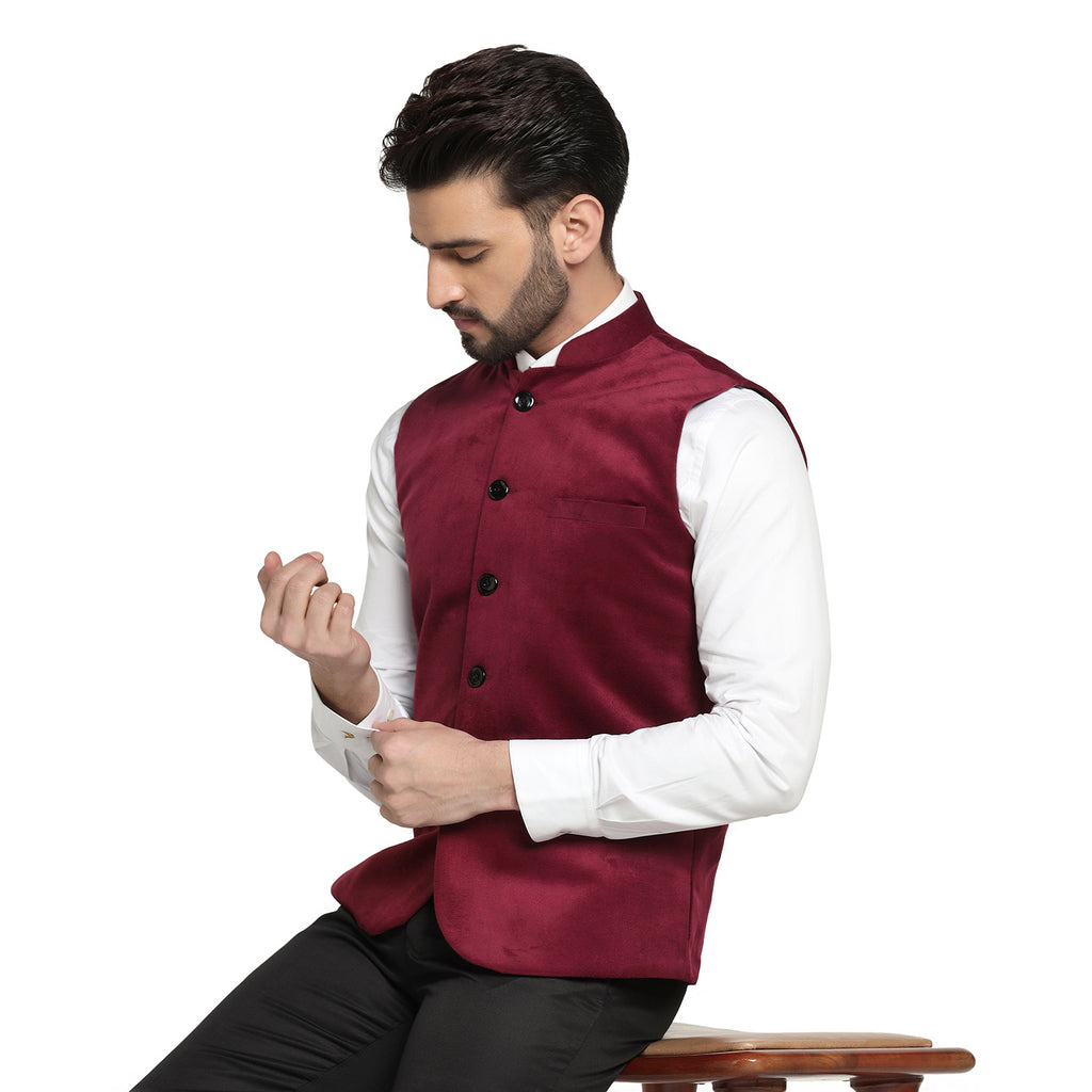 Black Plain Faux Velvet Nehru Jacket - Veera Paridhaan - 3214488