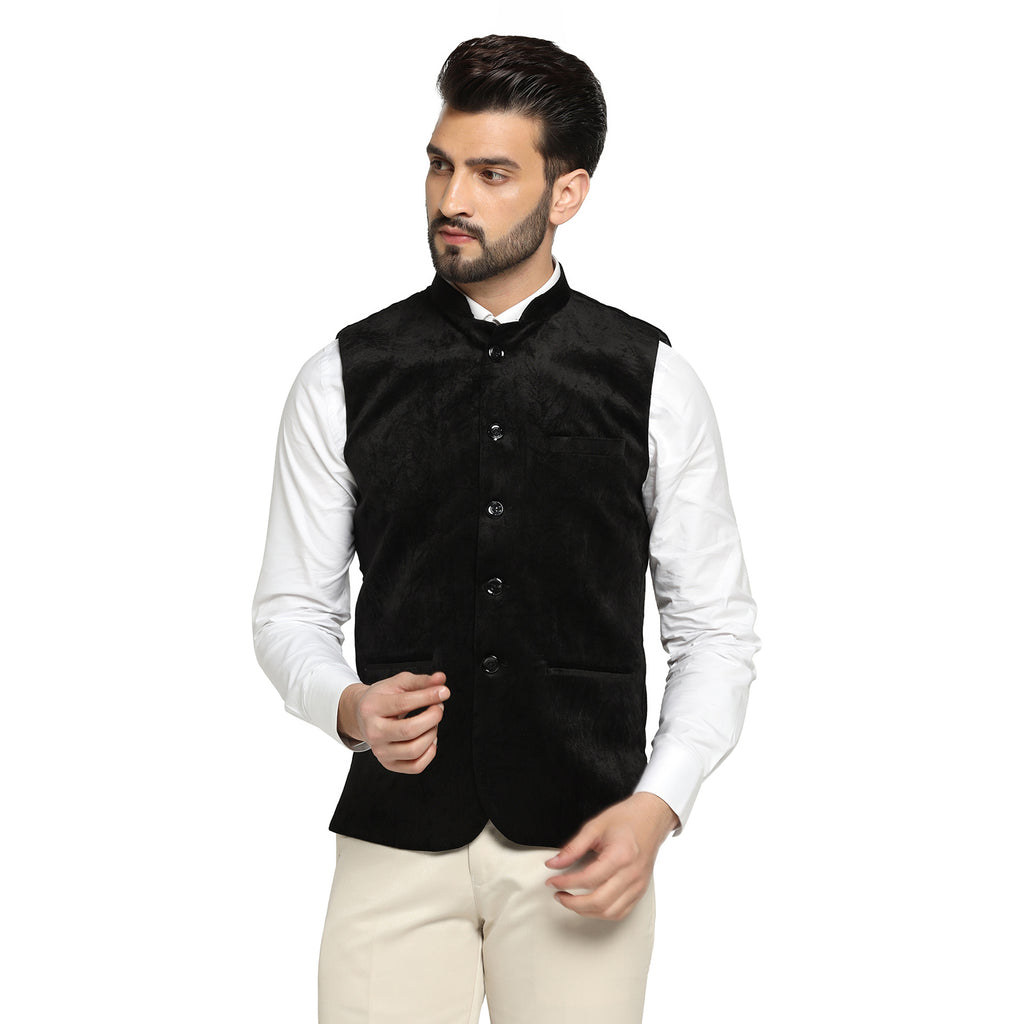 Solid Color Polyester Nehru Jacket in Black : MTZ174
